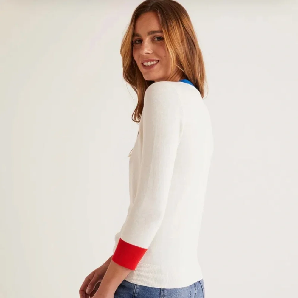 Boden winter white red blue 3/4 sleeves cotton wool fitted deep vneck 2 sweater - Picture 2 of 15